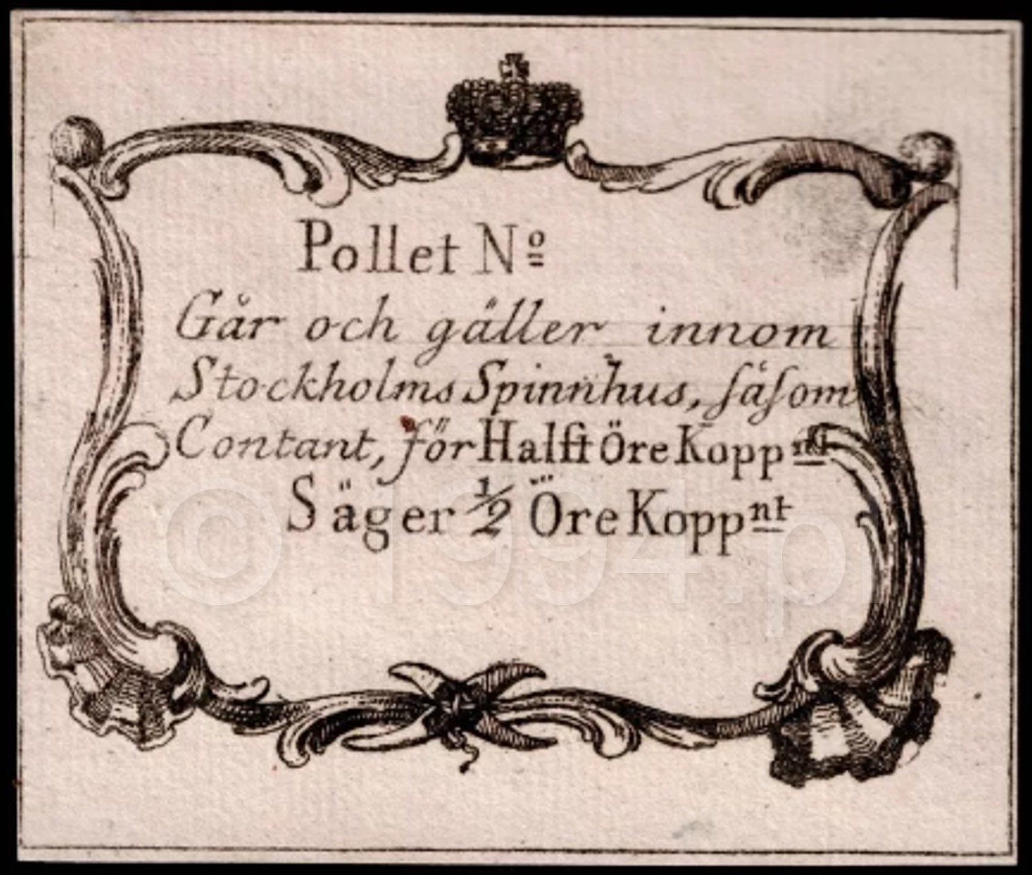 Stockholm Spinnhus half öre pollett note circa 1785
