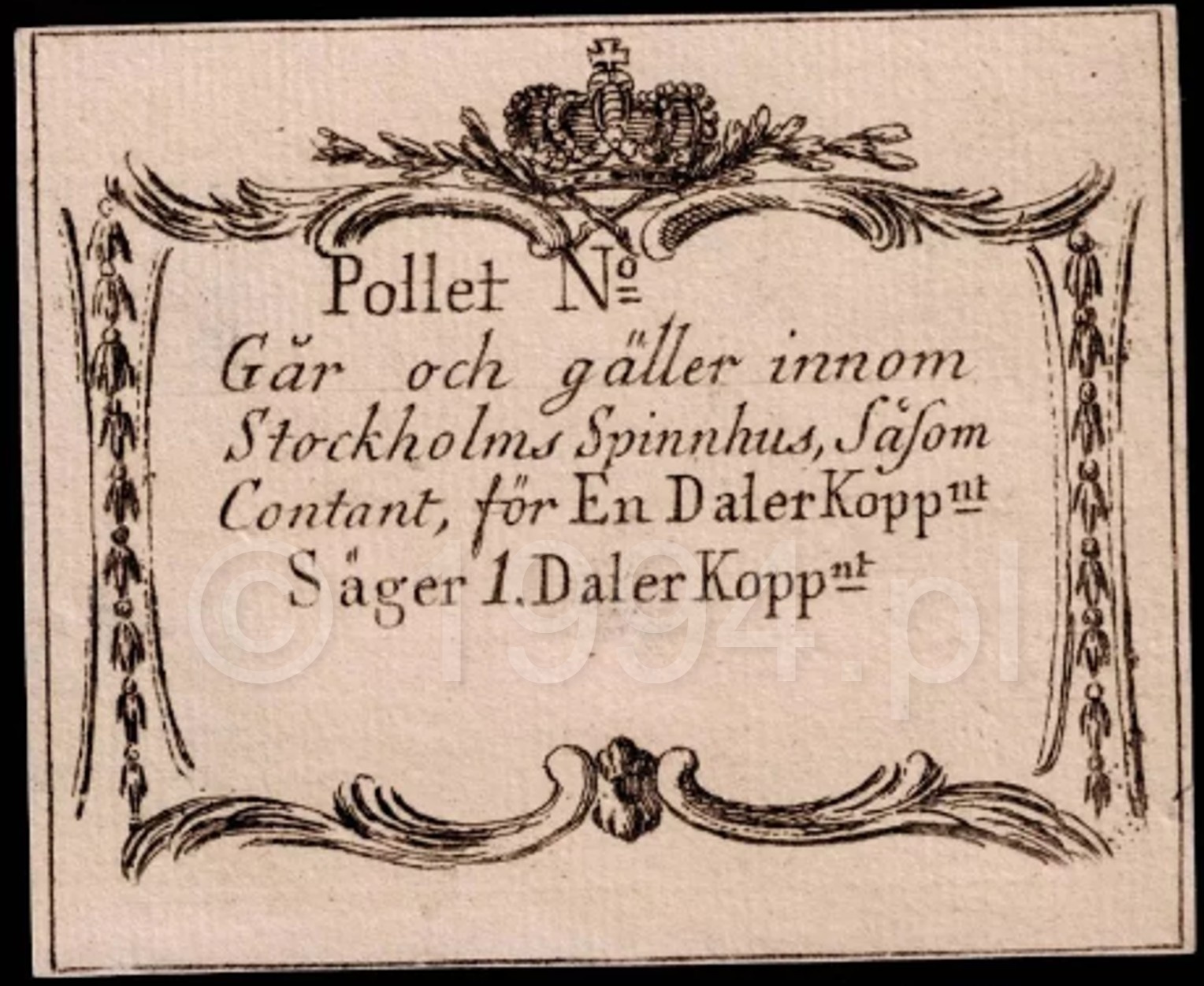 Stockholm Spinnhus one daler pollett note circa 1785