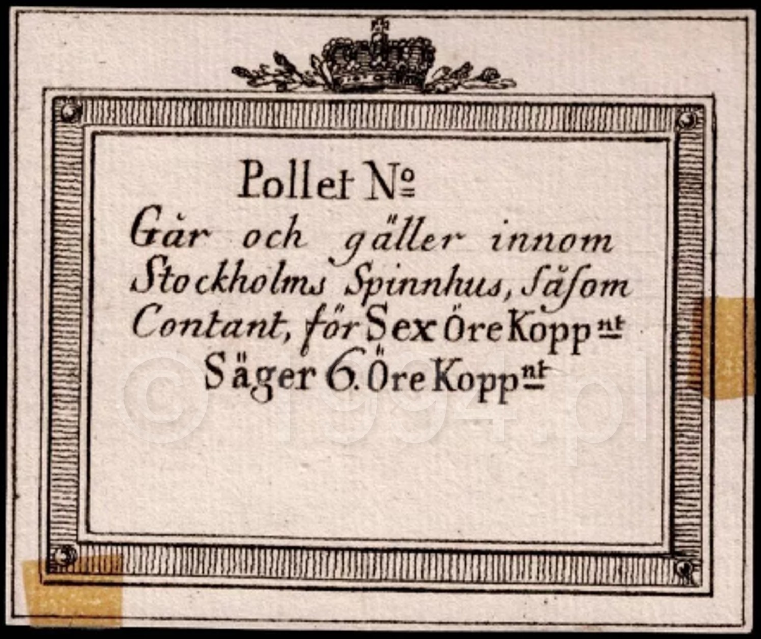 Stockholm Spinnhus six öre pollett note circa 1785