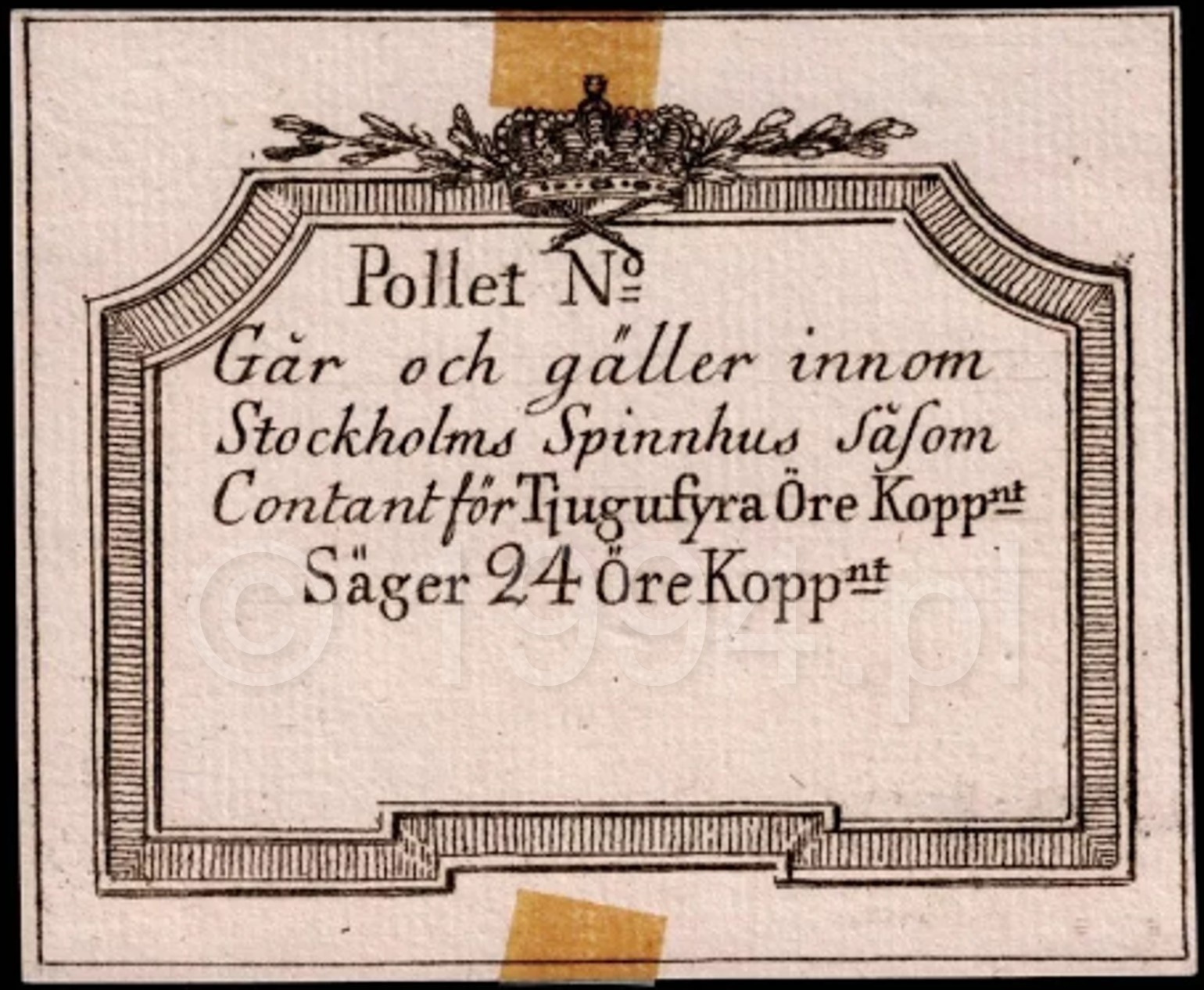 Stockholm Spinnhus twenty-four öre pollett note circa 1785