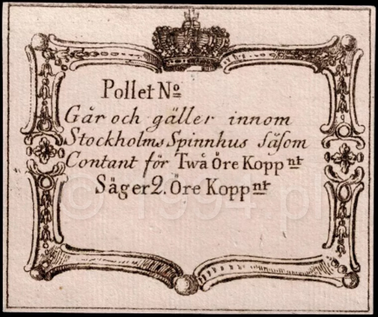 Stockholm Spinnhus two öre pollett note circa 1785