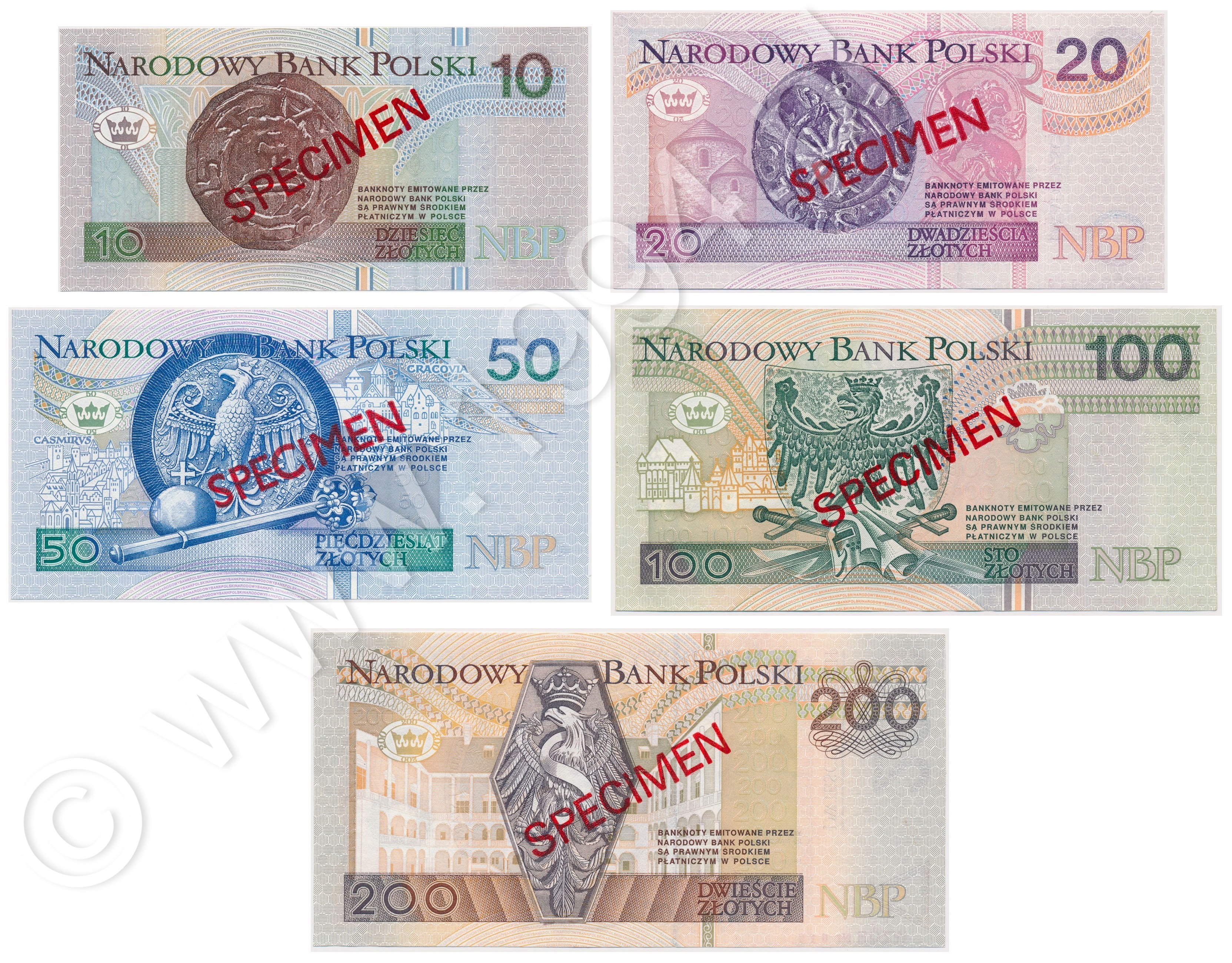 Rewersy wszystkich nominałów serii 1994 z nadrukiem SPECIMEN